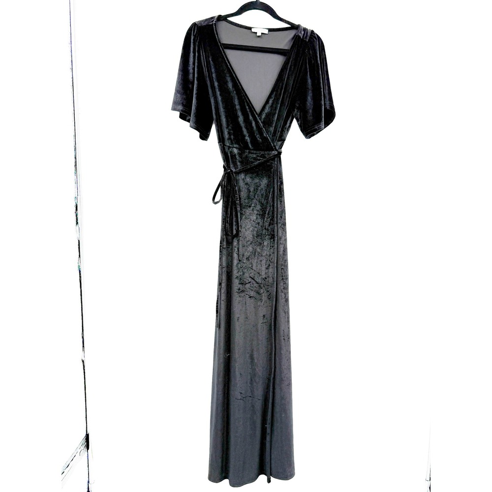 Baltic Born Maxi Dress Women Small Grey Velvet Wrap Flutter Sleeve Formal Gown